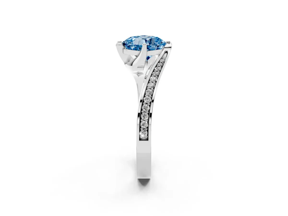 Fancy Blue Cushion Cut Solitaire Diamond Twist Band with Pavé Setting and Four-Prong Setting White gold