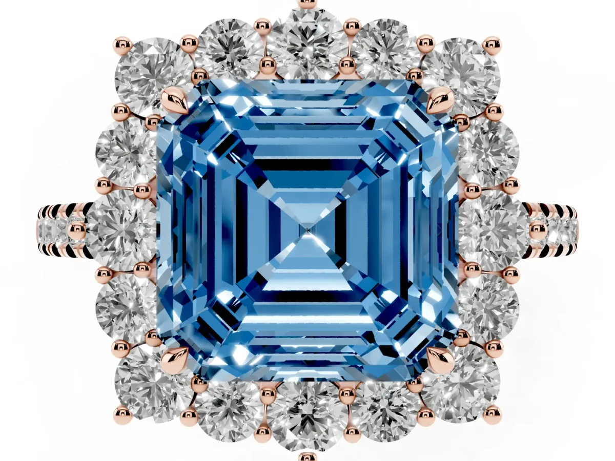 Fancy Blue Asscher Cut Halo Diamond Ring with Pavé Band and Prong Setting Rose gold