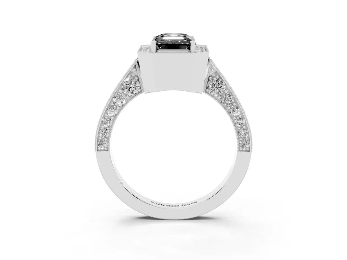 Fancy Black Emerald Cut Halo Diamond Engagement Ring with Split Shank Band and Four-Prong Setting Silver