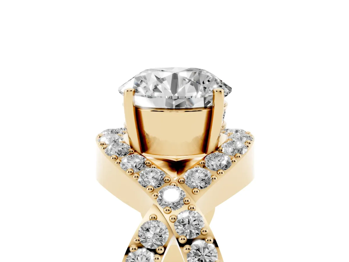 Round Cut Solitaire Twist Band Pavé Diamond Engagement Ring Yellow gold