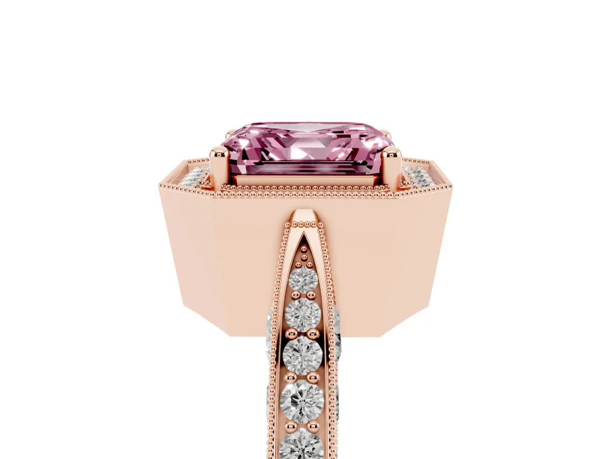Fancy Pink Asscher Cut Halo Diamond Engagement Ring with Split Shank Band and Four-Prong Setting Rose gold