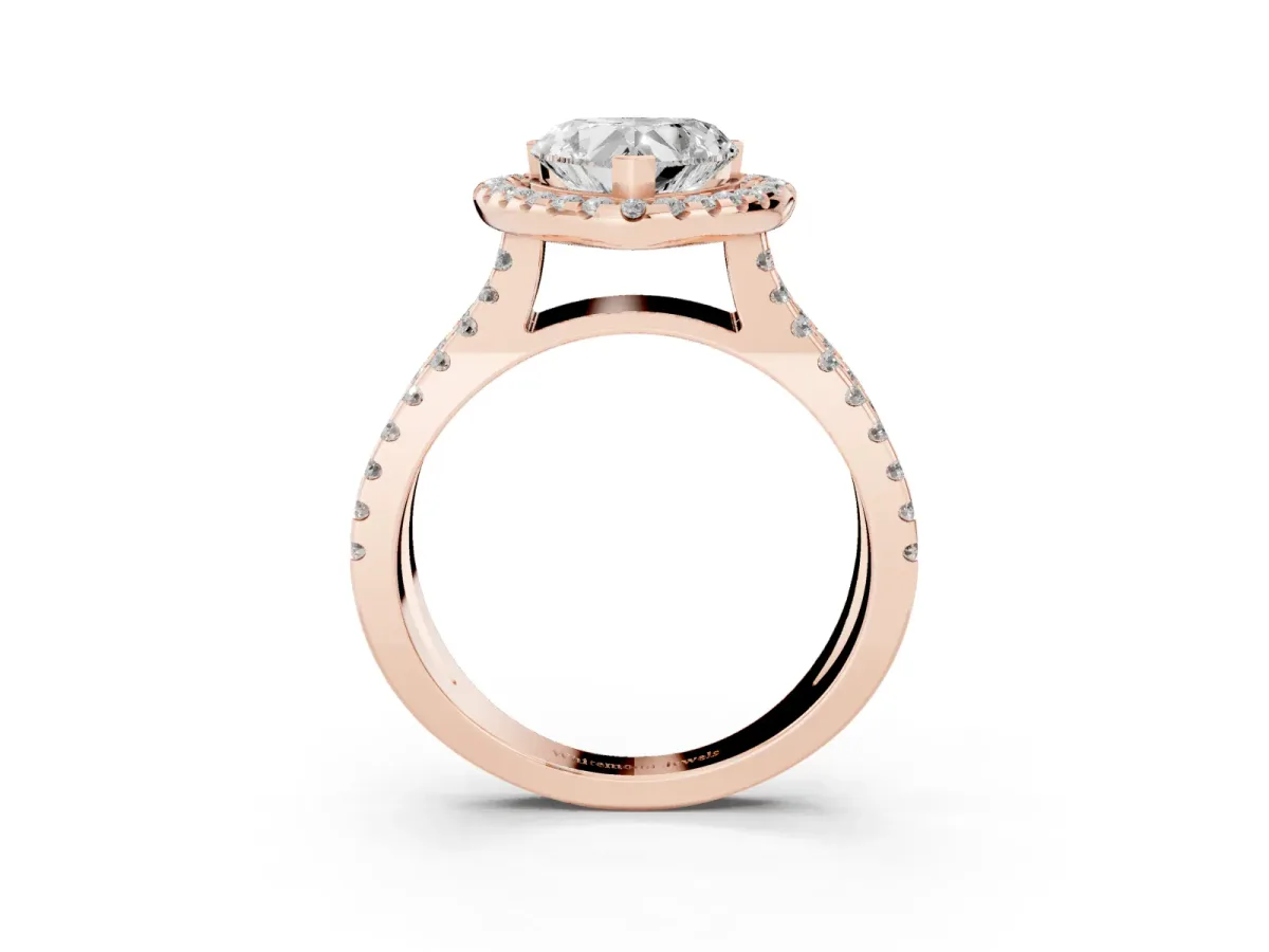 Heart Cut Diamond Halo Ring with Split Shank Pavé Band and Prong Setting Rose gold