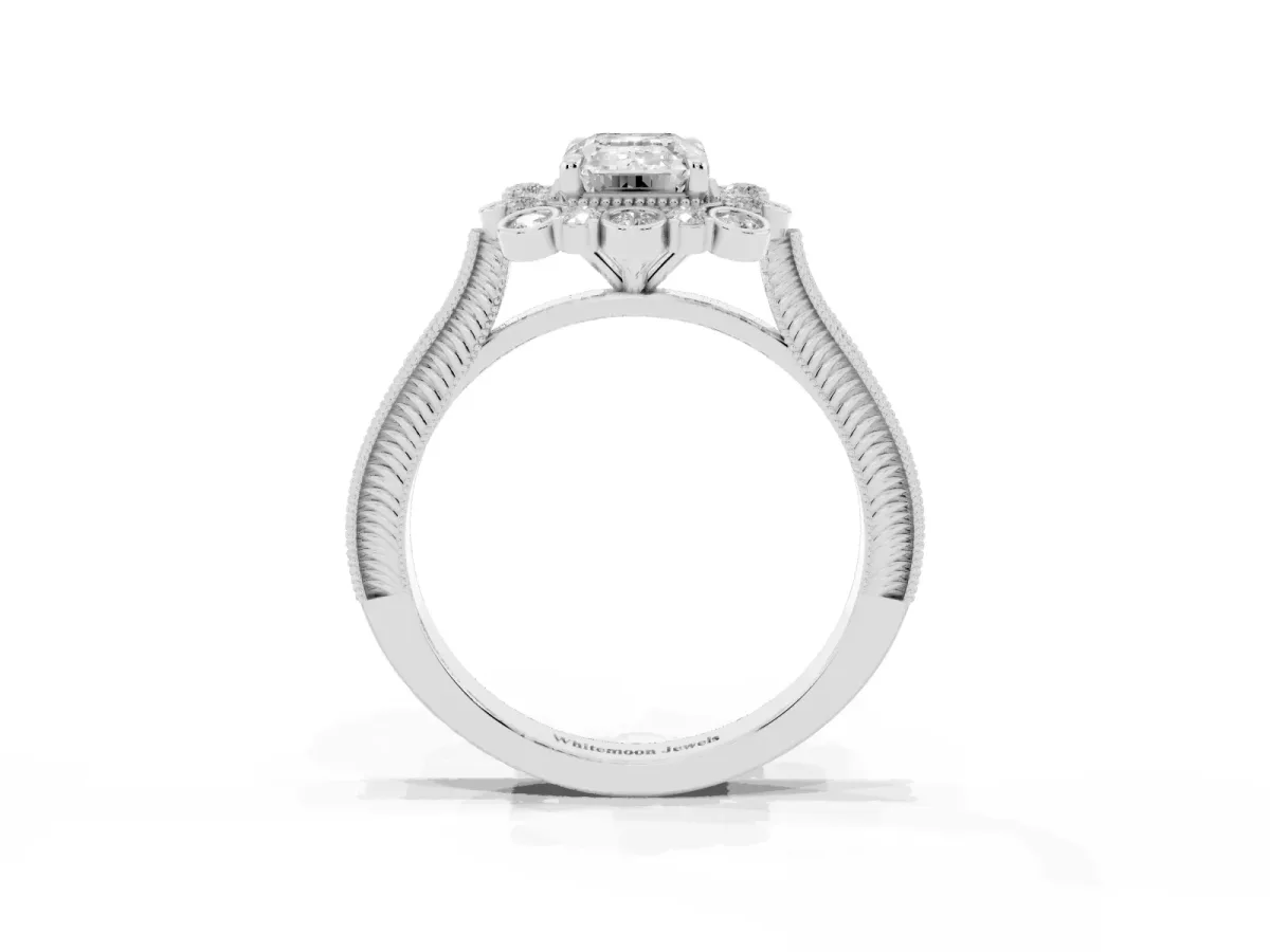 Emerald Cut Halo Milgrain Pave Diamond Ring with Four-Prong Setting Platinum