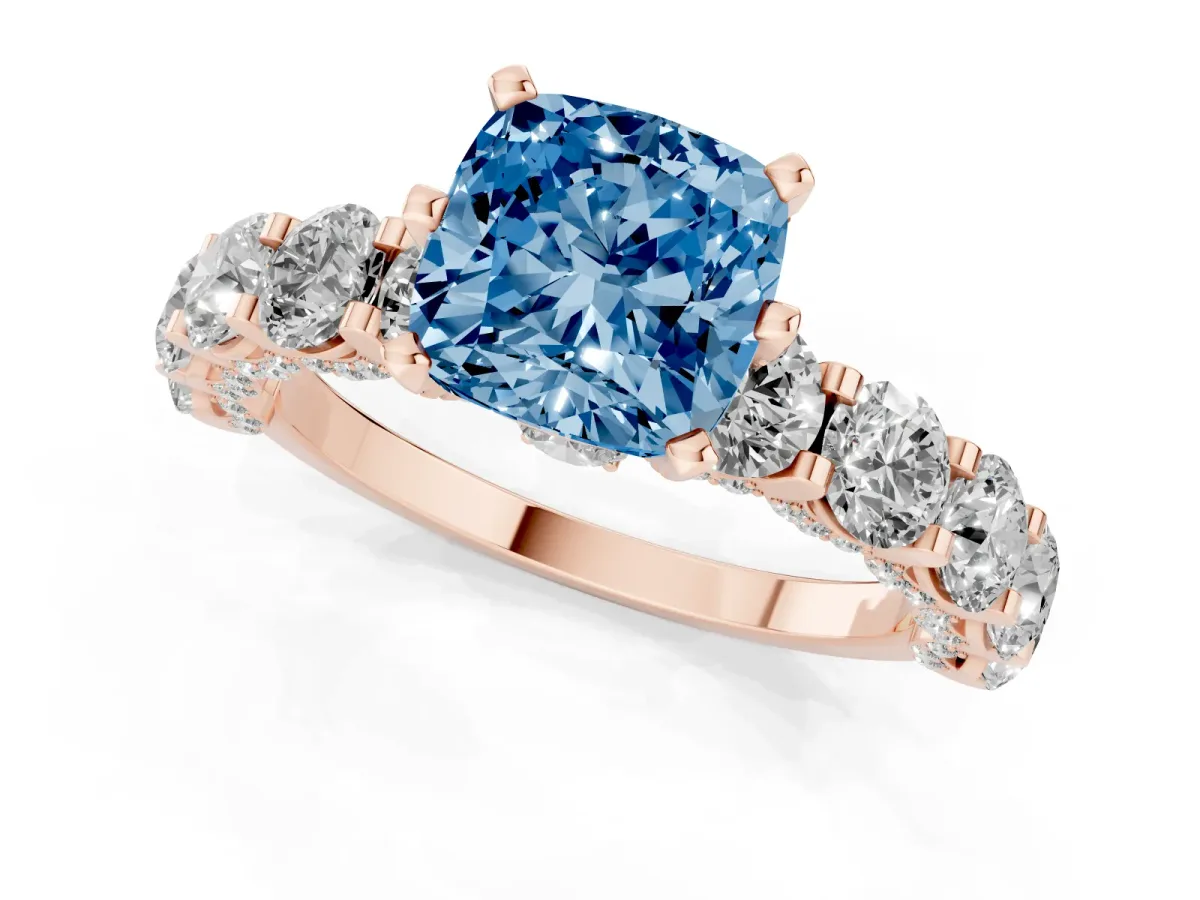 Fancy Blue Cushion Cut Diamond Side Stone Engagement Ring with Four-Prong Setting Rose gold