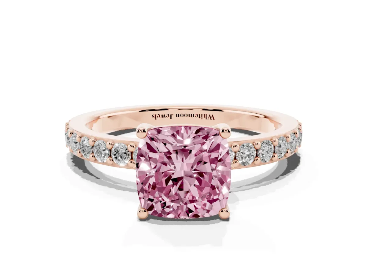 Fancy Pink Cushion Cut Cut Diamond Solitaire with Pave Band and Four-Prong Setting Rose gold