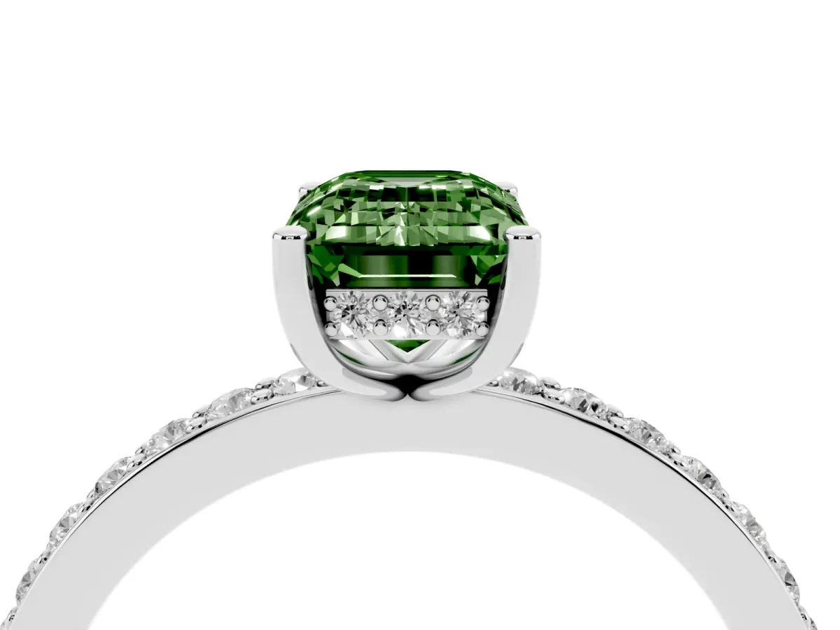 Fancy Green Emerald Cut Cut Diamond Pavé Band Ring with Four-Prong Setting Silver