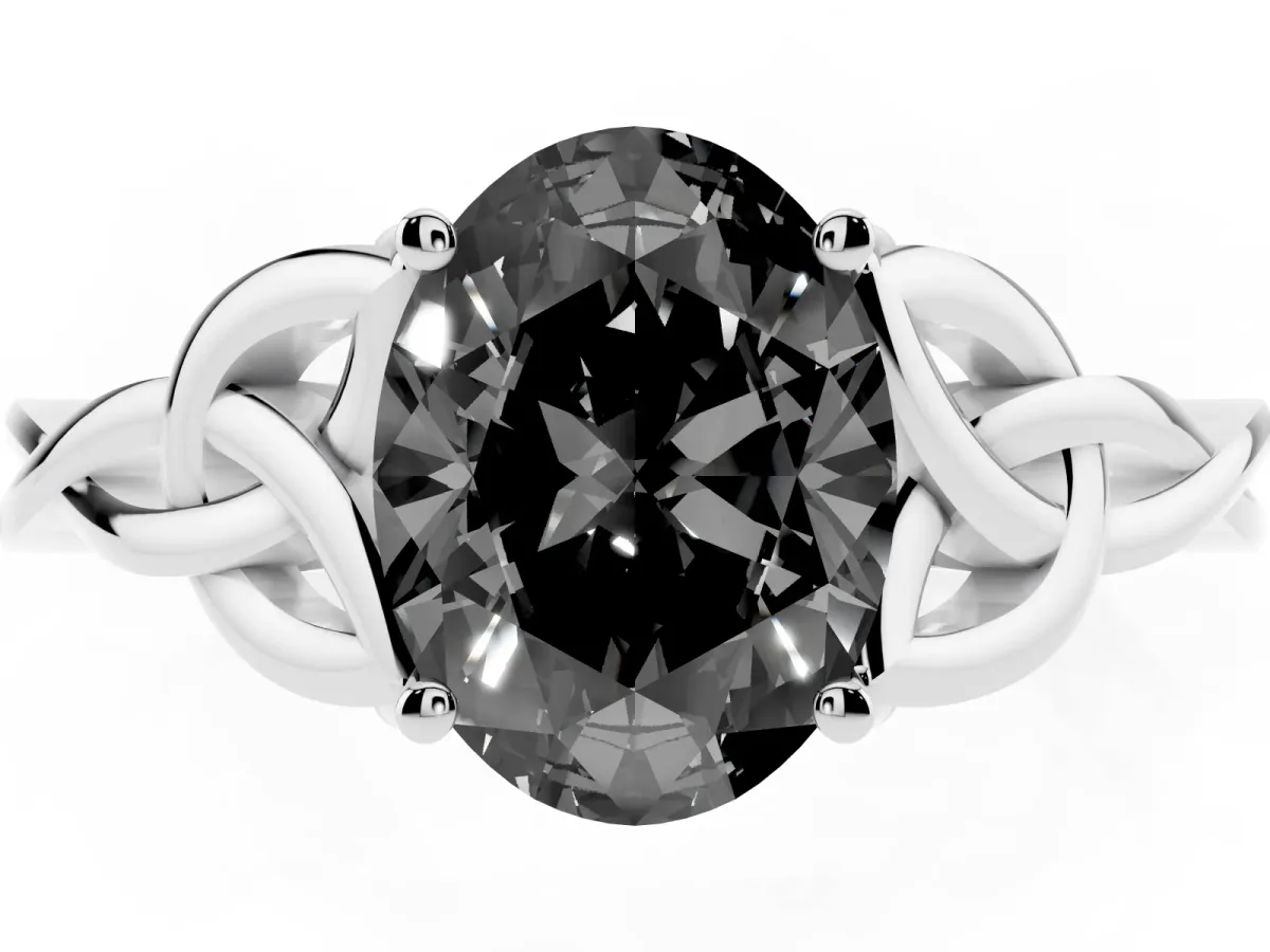 Fancy Black Oval Cut Diamond Solitaire Engagement Ring with Celtic Knot Band and Four-Prong Setting White gold
