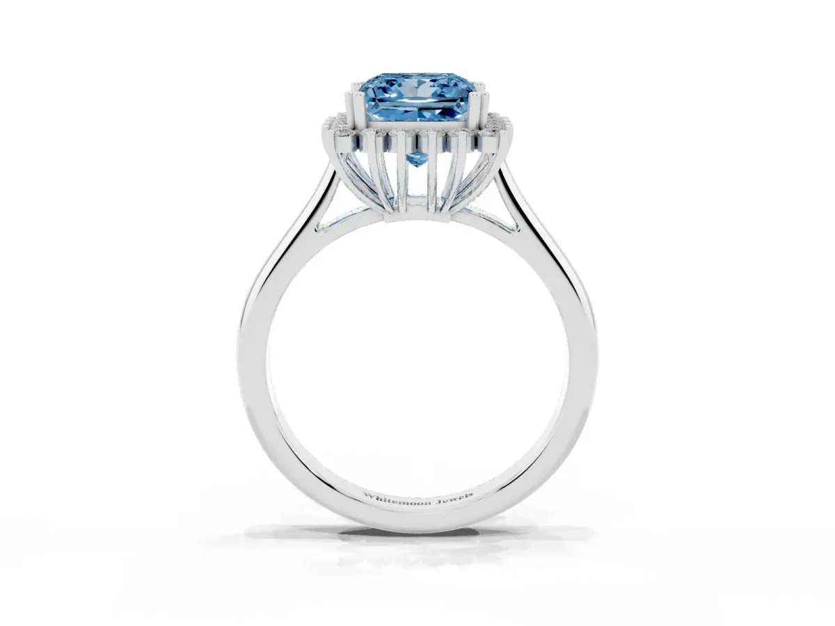Fancy Blue Princess Cut Cut Diamond Halo Ring with Solitaire Band and Prong Setting White gold