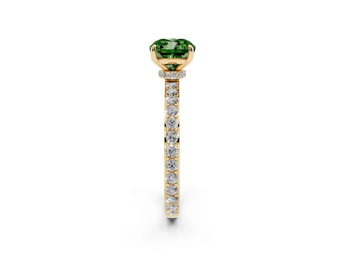 Fancy Green Cushion Cut Diamond Pavé Engagement Ring with Round Accents and Prong Setting Yellow gold