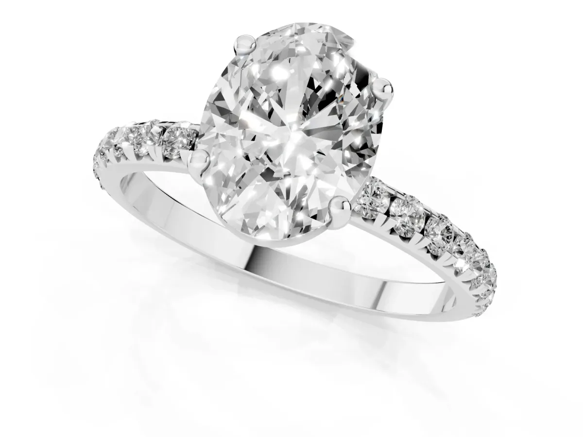 Oval Cut Cut Diamond Solitaire Ring with Micro Pave Band and Four Prong Setting White gold