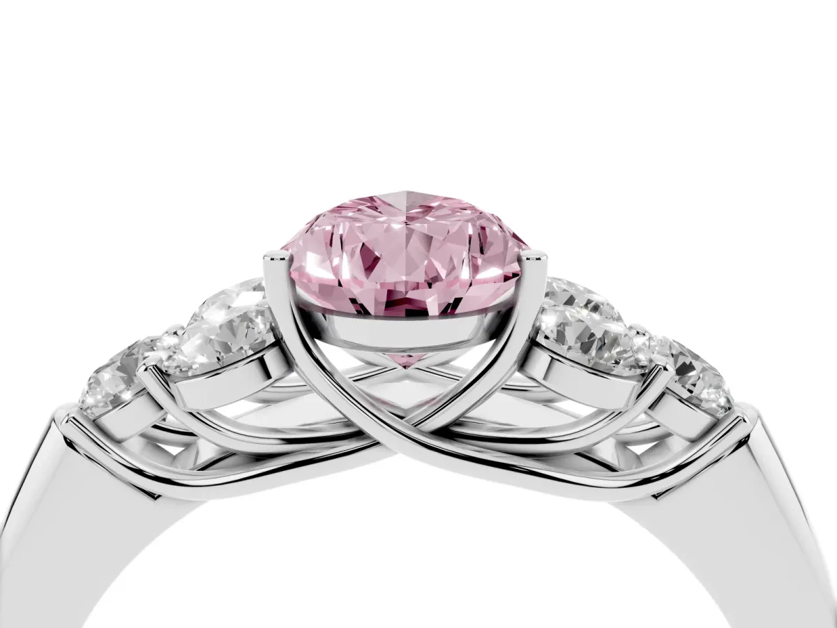 Fancy Pink Pear Cut Cut Diamond Cluster Ring with Round Accent Stones and Prong Setting on a Classic Band White gold
