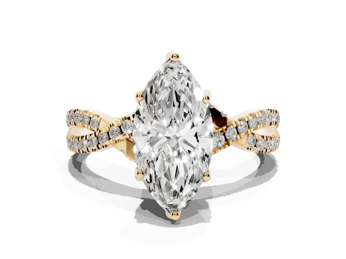 Marquise Cut Solitaire Twist Pave Diamond Engagement Ring with Prong Setting Yellow gold