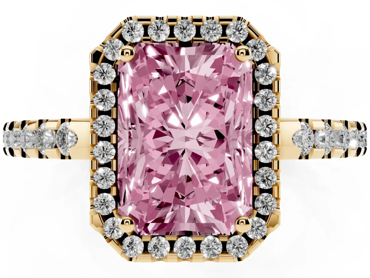 Fancy Pink Radiant Cut Diamond Halo Engagement Ring with Pavé Band and Prong Setting Yellow gold