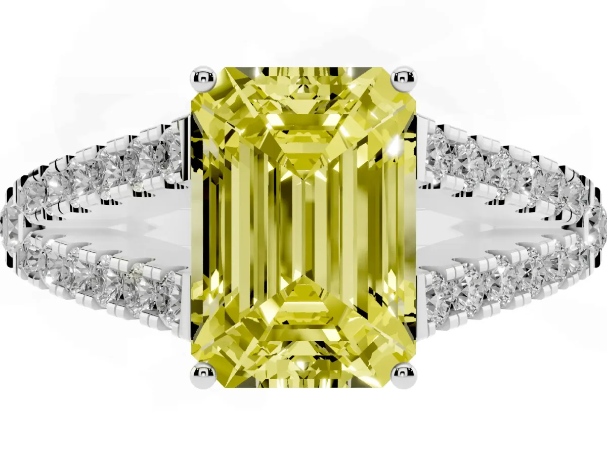 Fancy Yellow Emerald Cut Diamond Split Shank Pavé Engagement Ring with Four-Prong Setting White gold