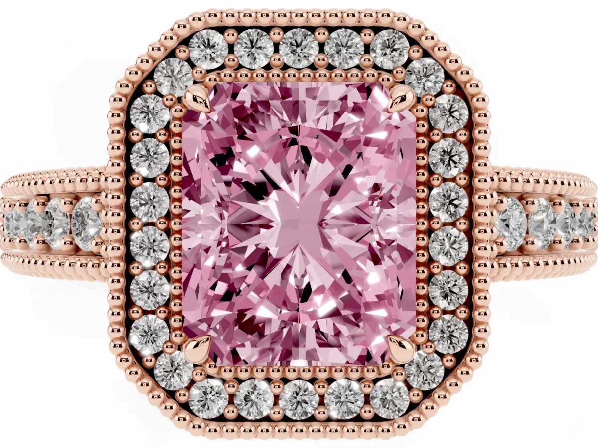 Fancy Pink Radiant Cut Cut Halo Diamond Ring with Pavé Band and Four-Prong Setting Rose gold