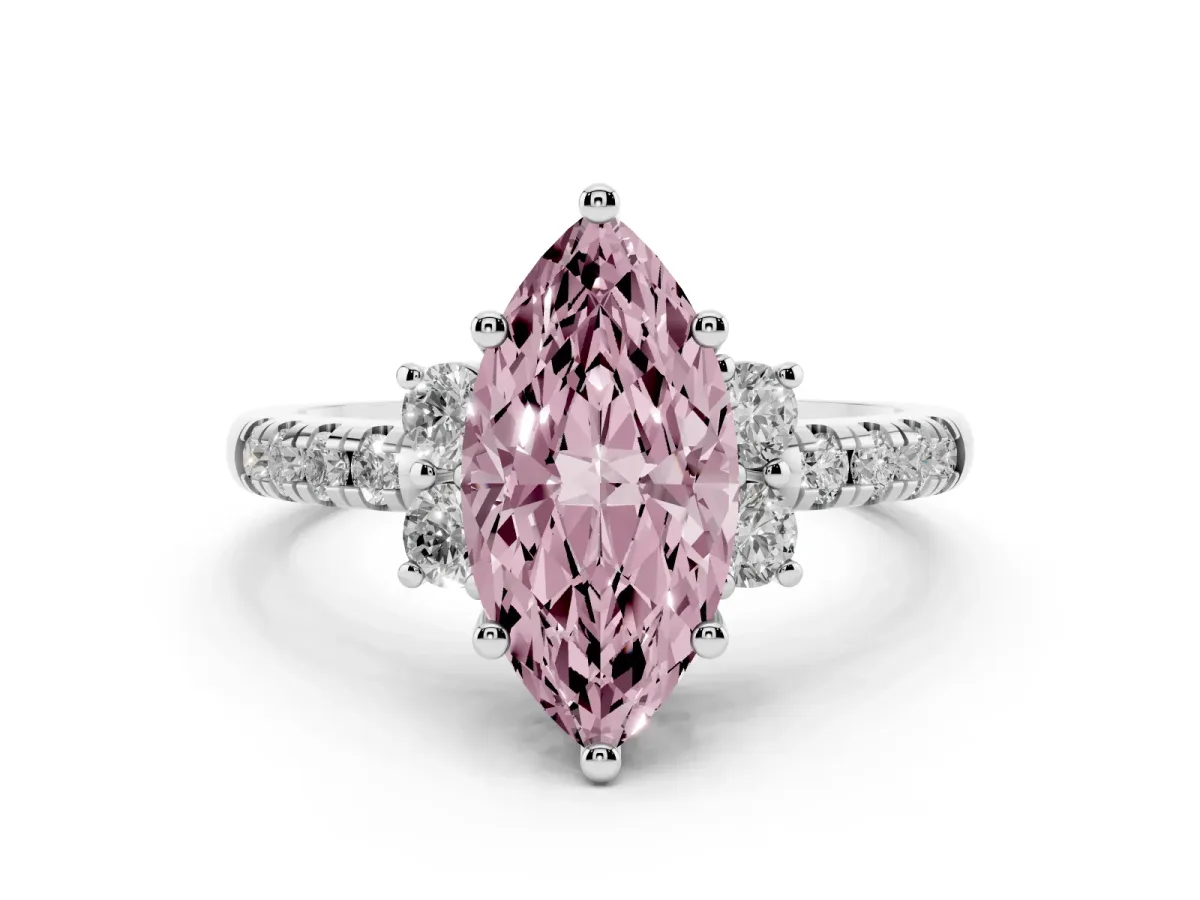 Fancy Pink Marquise Cut Diamond Three-Stone Pave Band with Four-Prong Setting Silver