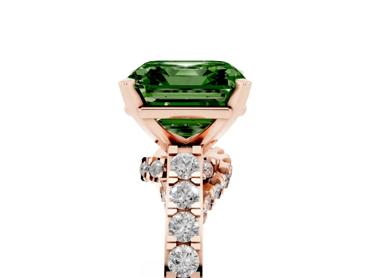 Fancy Green Asscher Cut Diamond Solitaire Ring with Crossover Gallery and Round Pavé Band Rose gold