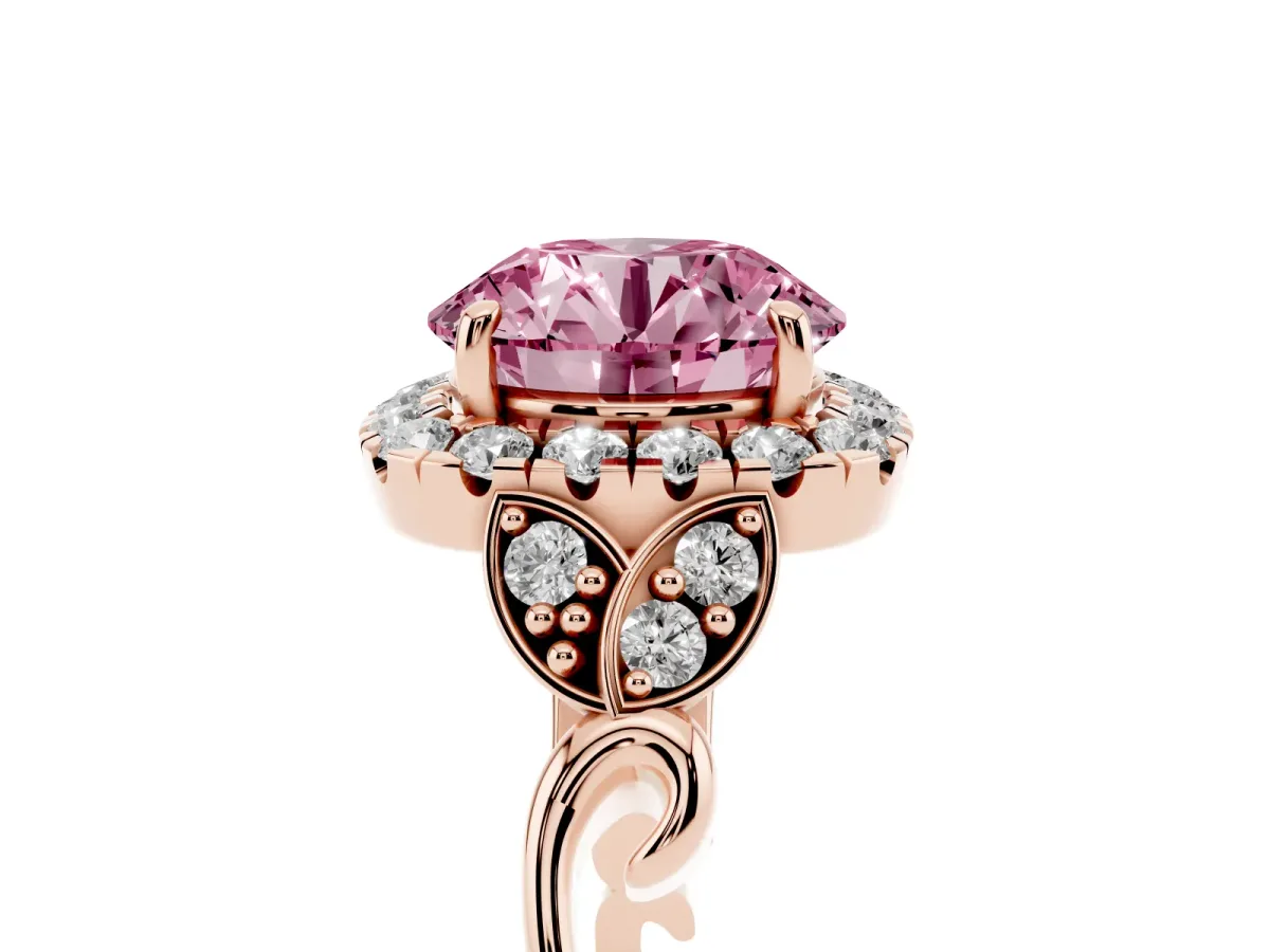 Fancy Pink Round Cut Halo Diamond Engagement Ring with Vintage-Inspired Band and Four-Prong Setting Rose gold