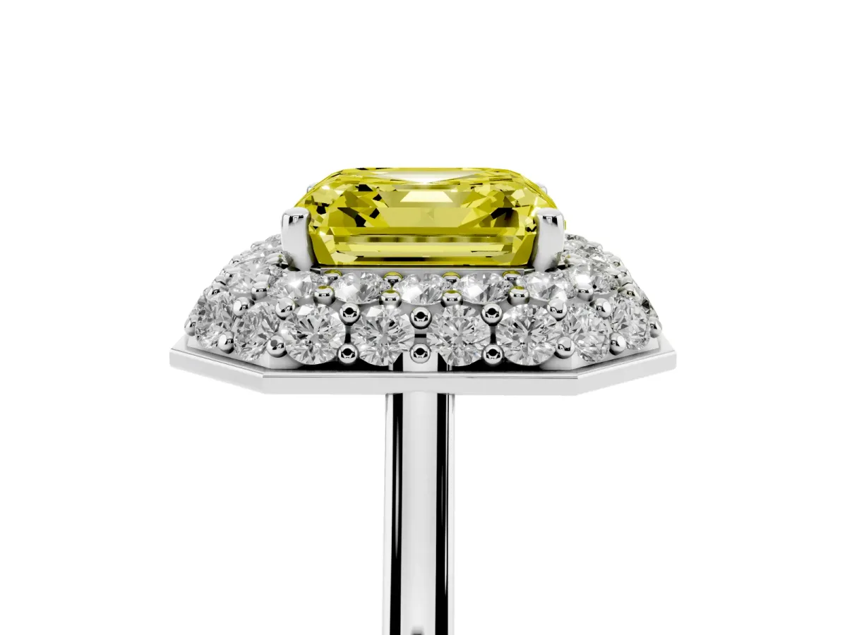 Fancy Yellow Asscher Cut Halo Diamond Engagement Ring with Solitaire Band and Four-Prong Setting Silver