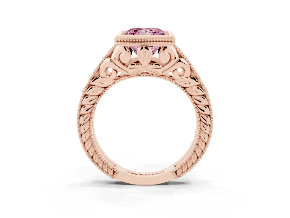 Fancy Pink Bezel Set Princess Cut Diamond Milgrain Pave Engagement Ring Rose gold
