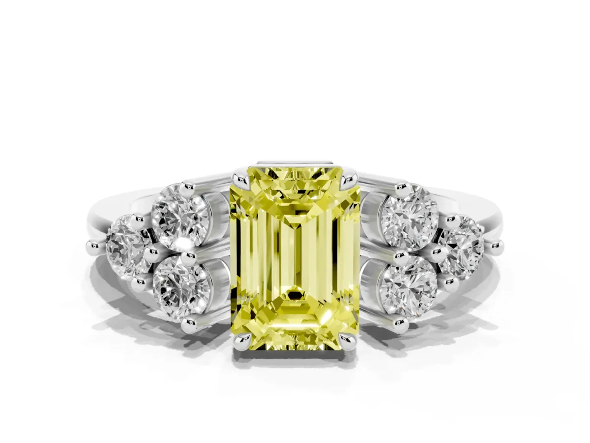 Fancy Yellow Emerald Cut Brilliant Diamond Cluster Accent Solitaire Ring with Prong Setting White gold