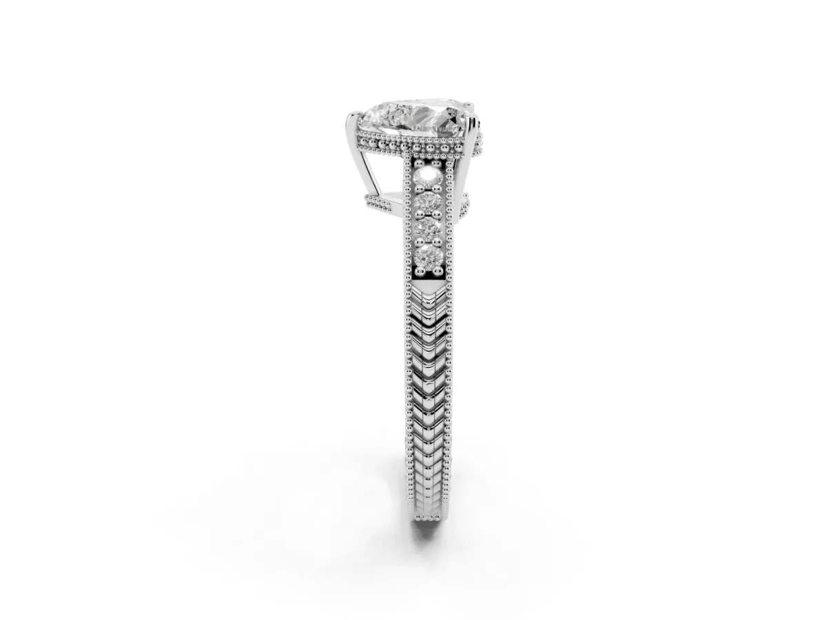 Heart Cut Solitaire Pavé Diamond Milgrain Engagement Ring with Four-Prong Setting Silver
