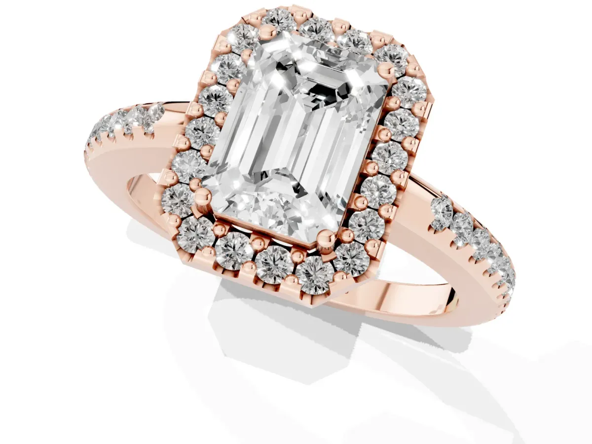 Emerald Cut Diamond Pavé Halo Ring with Four-Prong Setting Rose gold