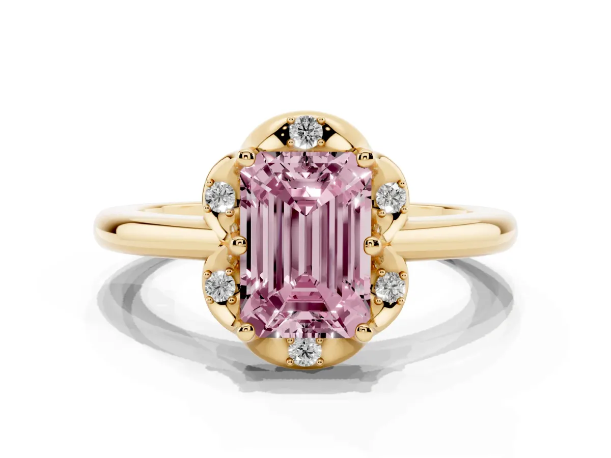Fancy Pink Emerald Cut Halo Diamond Ring with Round Cluster Setting, Solitaire Band, and Four-Prong Setting Yellow gold