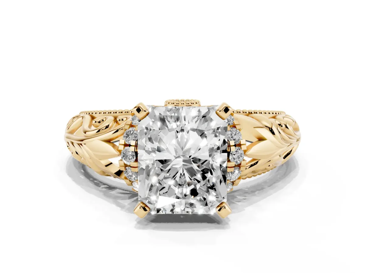 Radiant Cut Solitaire Filigree Engagement Ring with Halo and Prong Setting Yellow gold