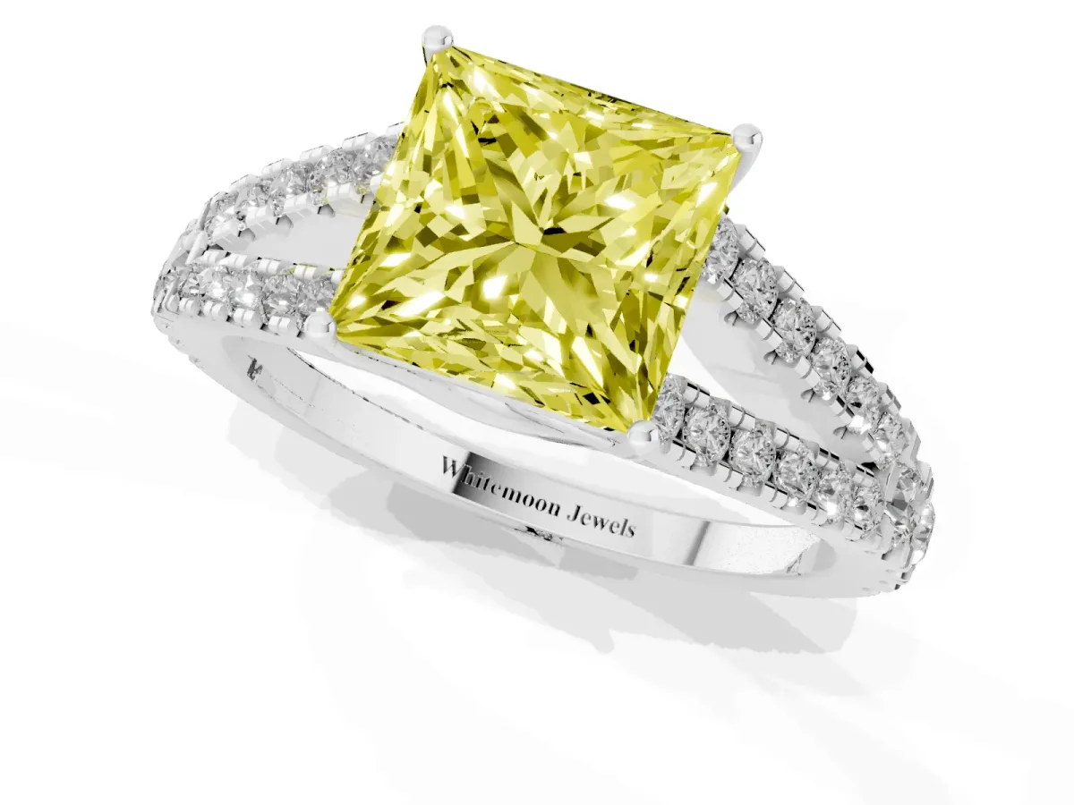 Fancy Yellow Princess Cut Diamond Split Shank Engagement Ring with Round Pavé and Prong Setting Silver