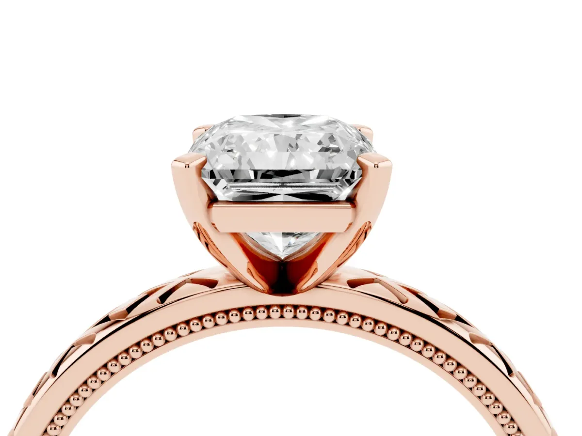 Radiant Cut Solitaire Diamond Ring with Milgrain and Black Enamel X Pattern Band Rose gold
