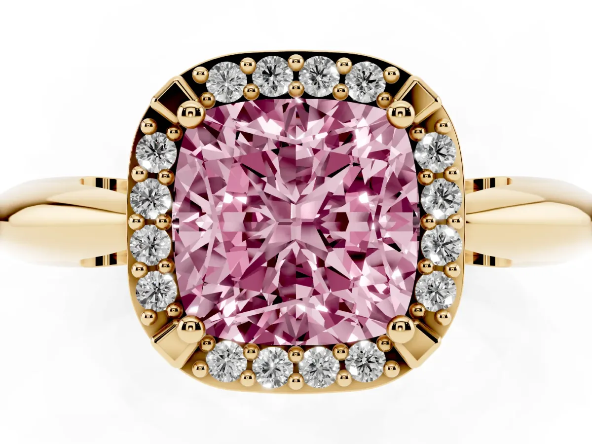 Fancy Pink Cushion Cut Cut Diamond Halo Engagement Ring with Split Shank and Four-Prong Setting Yellow gold