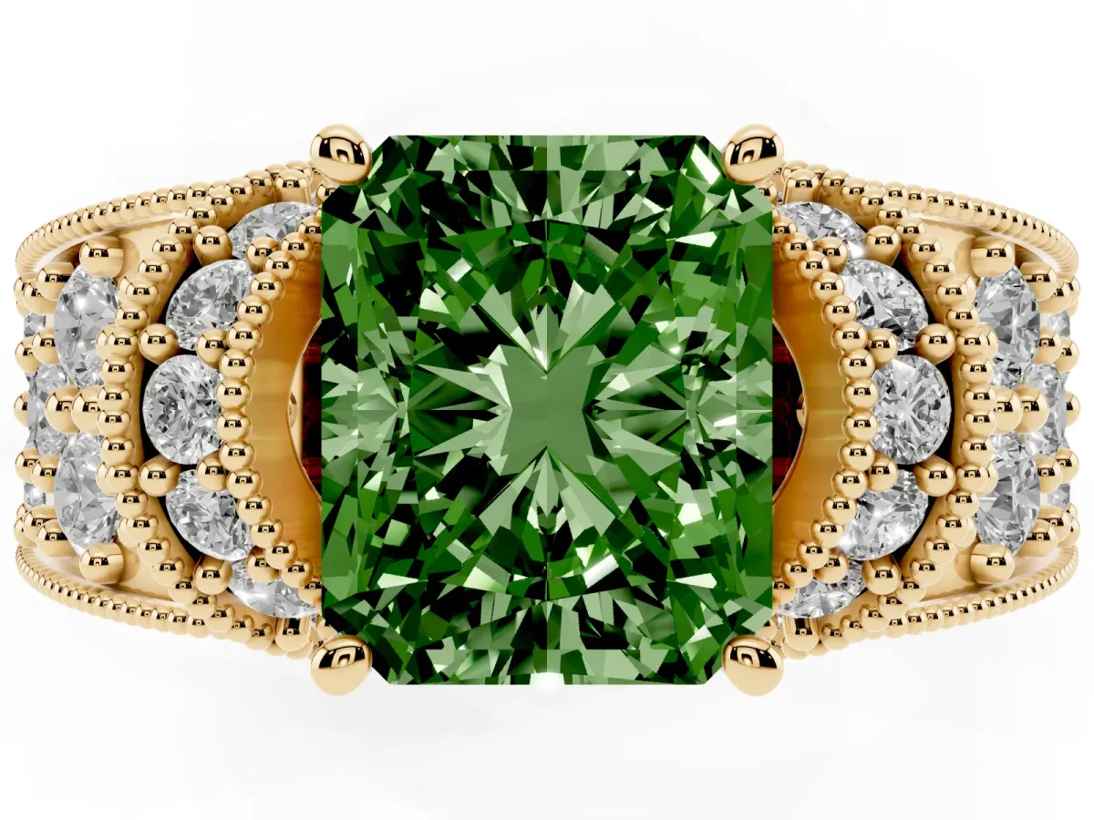 Fancy Green Radiant Cut Halo Pave Diamond Engagement Ring with Milgrain Detailing Yellow gold
