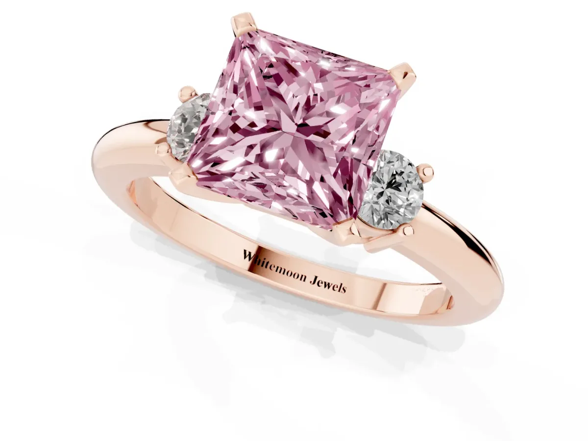 Fancy Pink Three-Stone Princess Cut Cut Diamond Solitaire with Prong Setting and Classic Band Rose gold