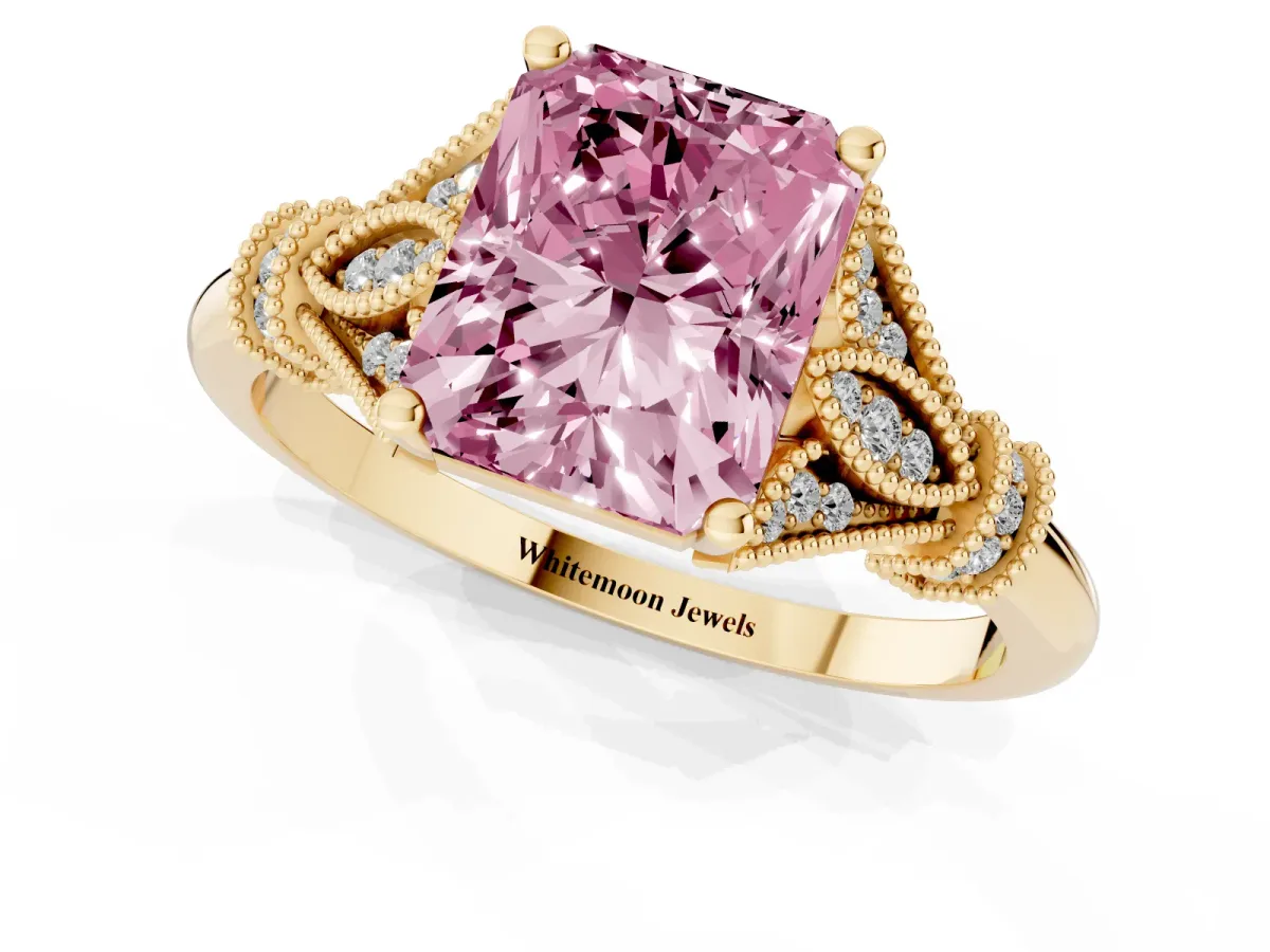 Fancy Pink Radiant Cut Diamond Solitaire Ring with Floral Filigree and Pave Accents Yellow gold
