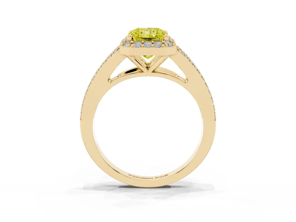 Fancy Yellow Radiant Cut Halo Split Shank Diamond Ring with Prong Setting Yellow gold