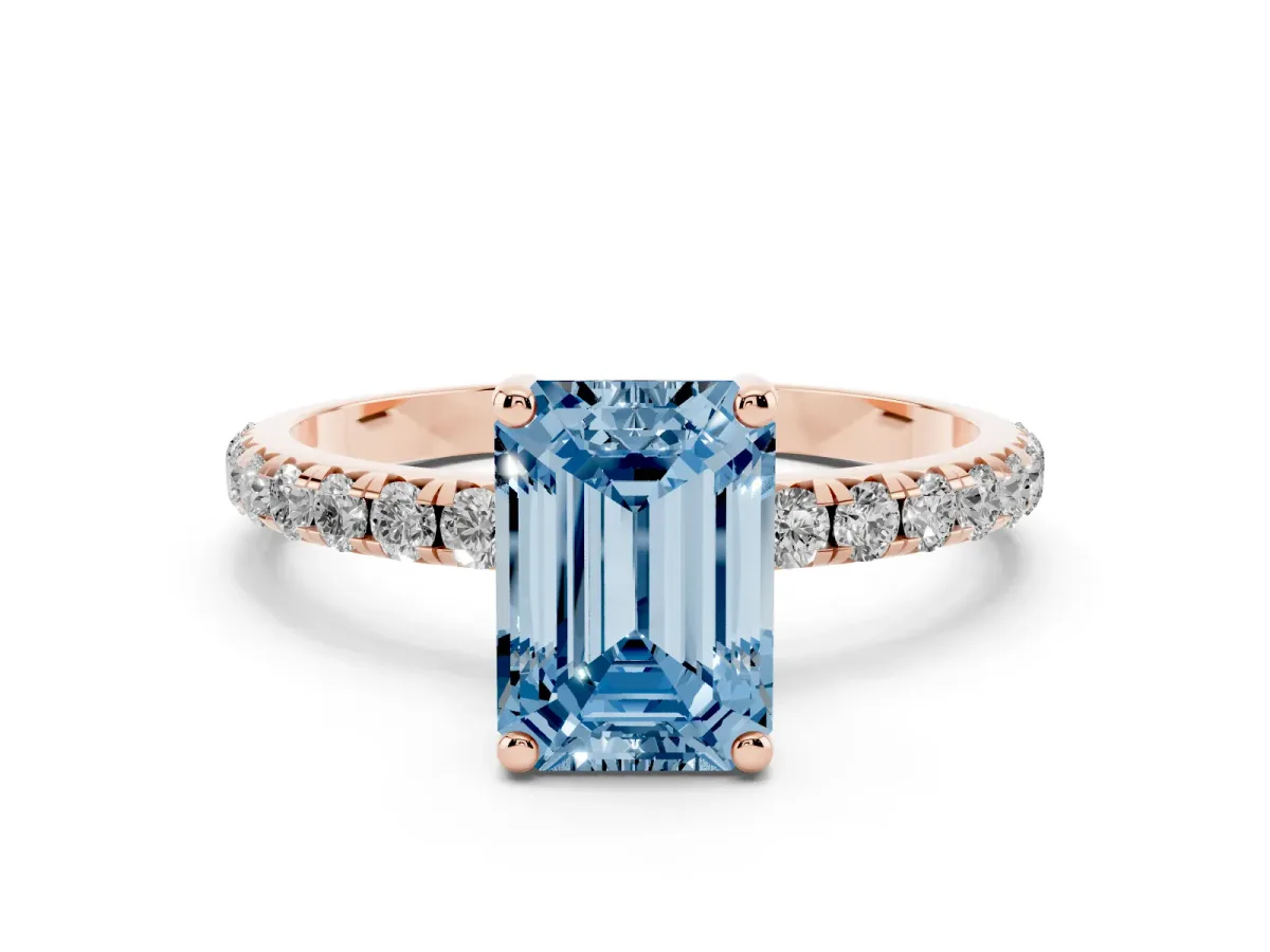 Fancy Blue Emerald Cut Cut Diamond Solitaire Ring with Micro Pave Band and Four Prong Setting Rose gold