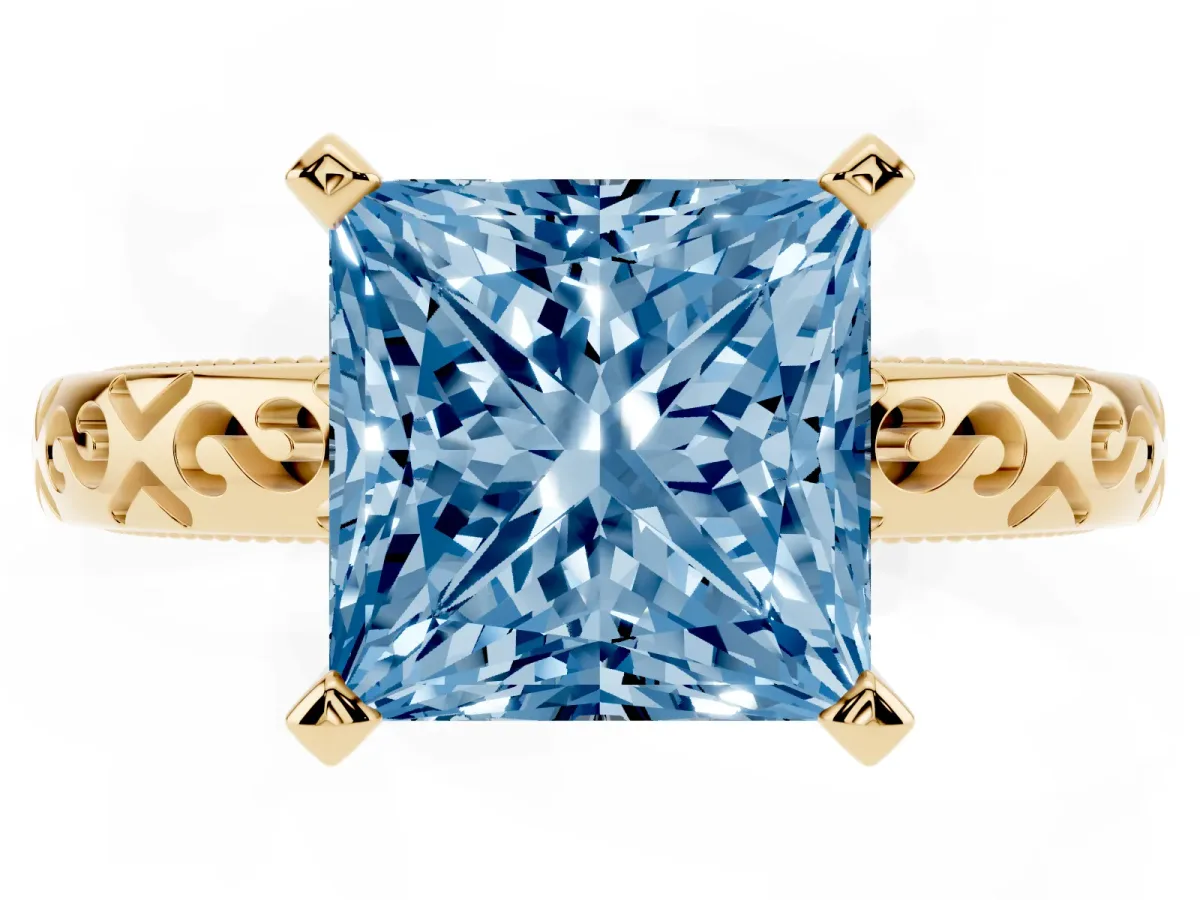 Fancy Blue Princess Cut Solitaire Engagement Ring with Scrollwork Band and Four-Prong Setting Yellow gold