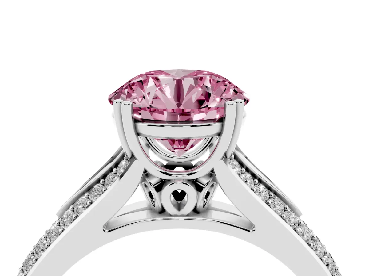 Fancy Pink Round Cut Diamond Split Shank Engagement Ring with Pavé Band Silver