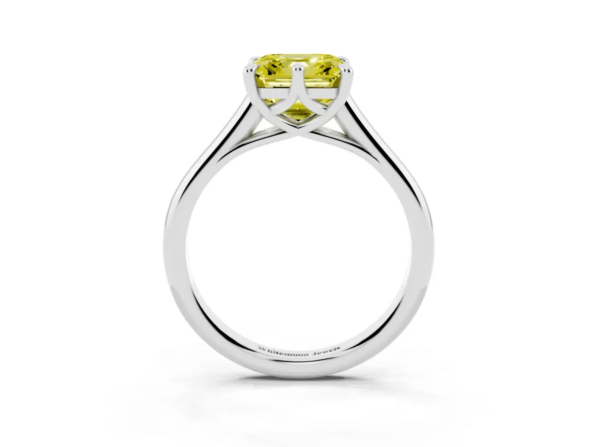 Fancy Yellow Asscher Cut Solitaire Engagement Ring with Six-Prong Setting and Classic Band Silver