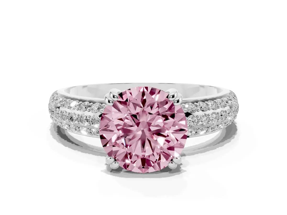 Fancy Pink Round Cut Diamond Solitaire Ring with Multi-Row Round Pavé Band and Prong Setting Silver