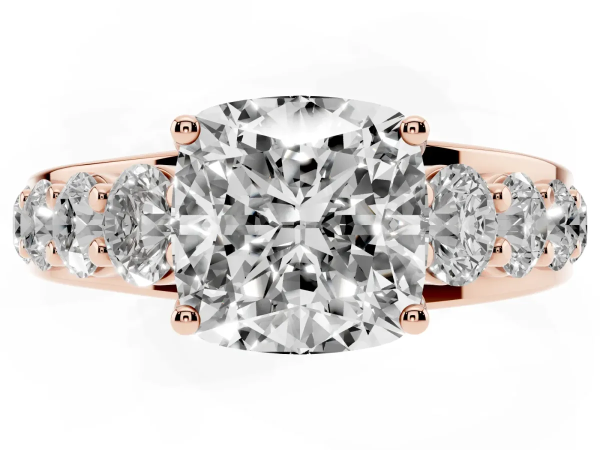 Cushion Cut Diamond Engagement Ring with Pavé Band and Four-Prong Setting Rose gold