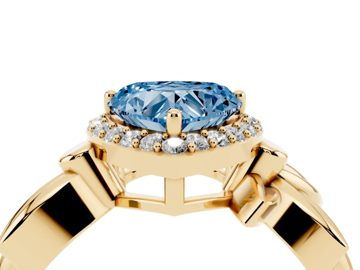 Fancy Blue Heart Cut Halo Diamond Floral Band with Four-Prong Setting Yellow gold