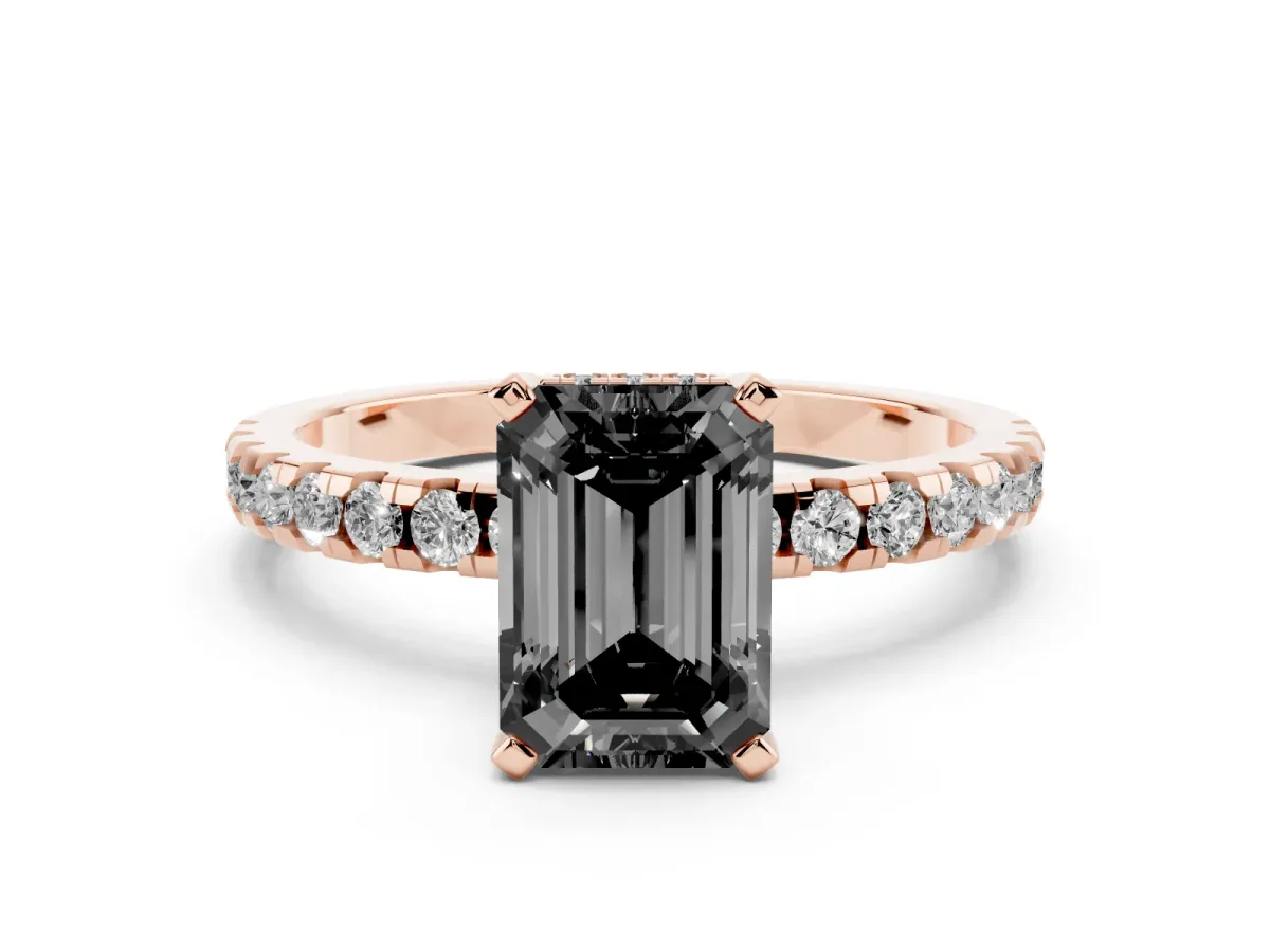 Fancy Black Emerald Cut Diamond Solitaire Ring with Round Pavé Band and Four-Prong Setting Rose gold