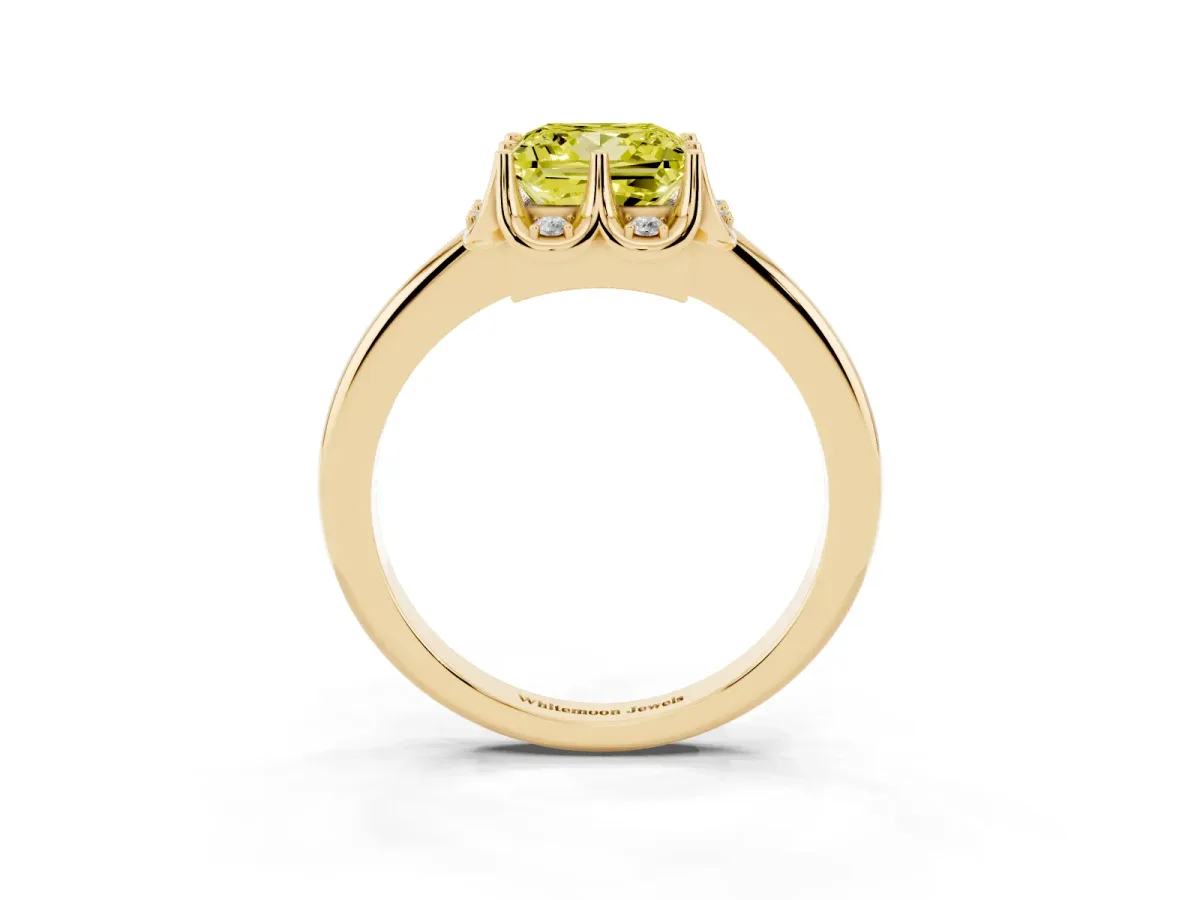 Fancy Yellow Princess Cut Halo Diamond Ring with Round Cluster Setting, Solitaire Band, and Four-Prong Setting Yellow gold