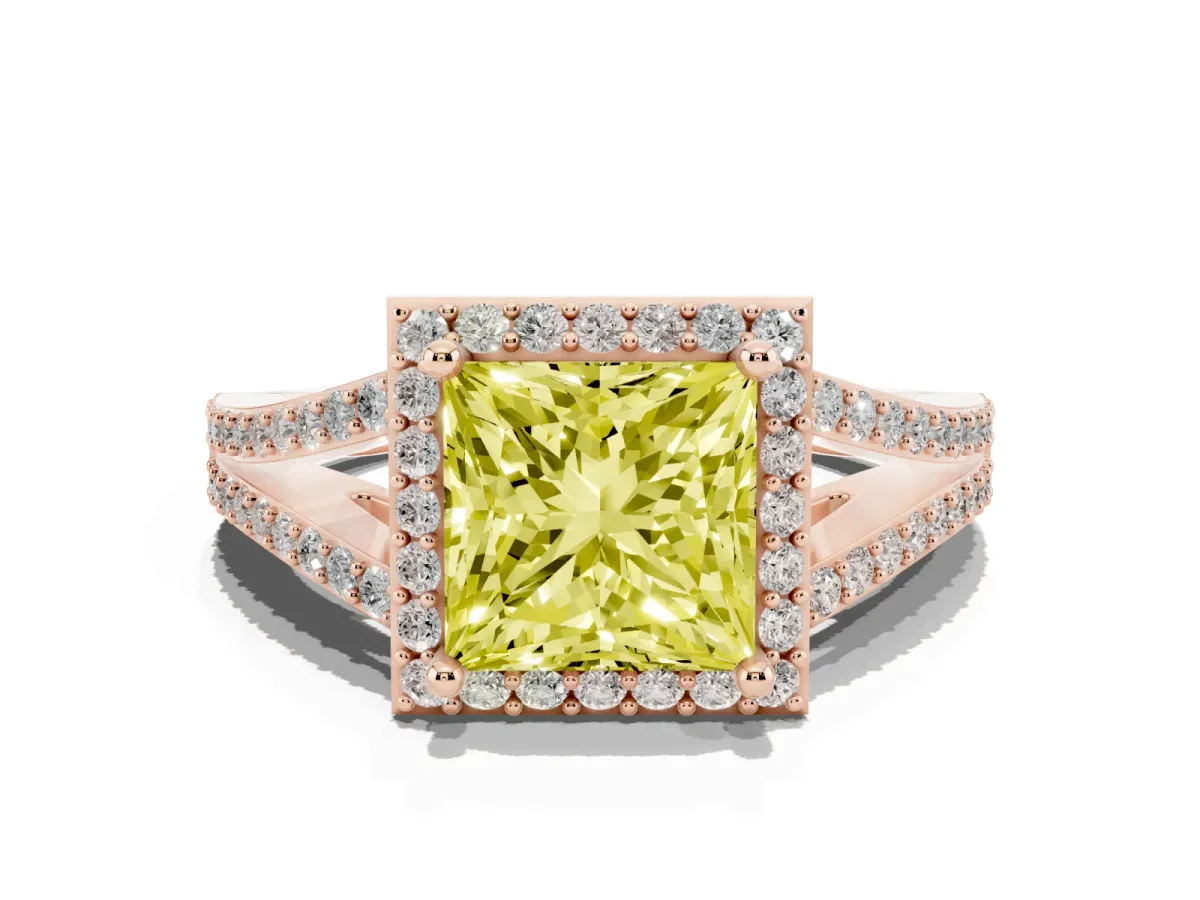 Fancy Yellow Princess Cut Halo Split Shank Diamond Ring with Prong Setting Rose gold