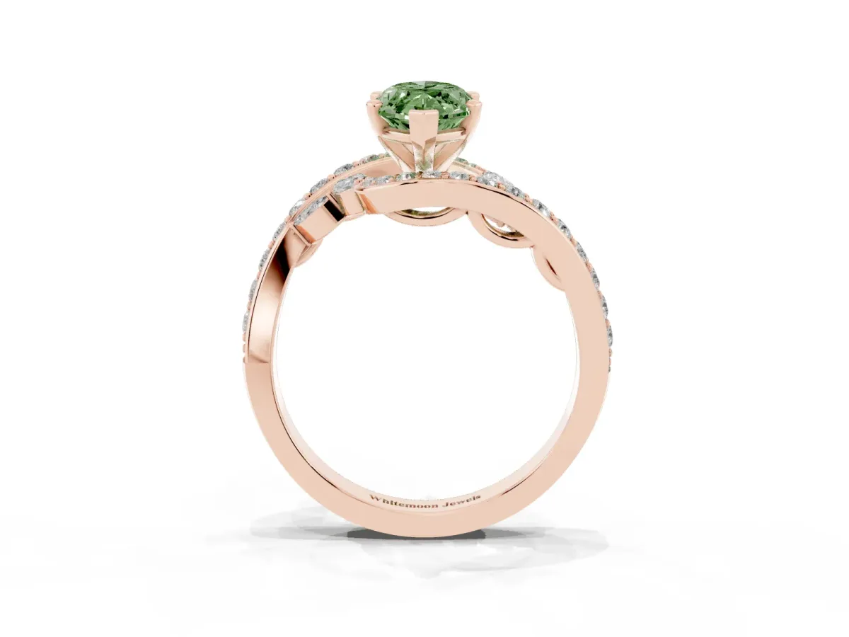 Fancy Green Marquise Cut Solitaire with Pavé Twist Band and Four-Prong Setting Rose gold