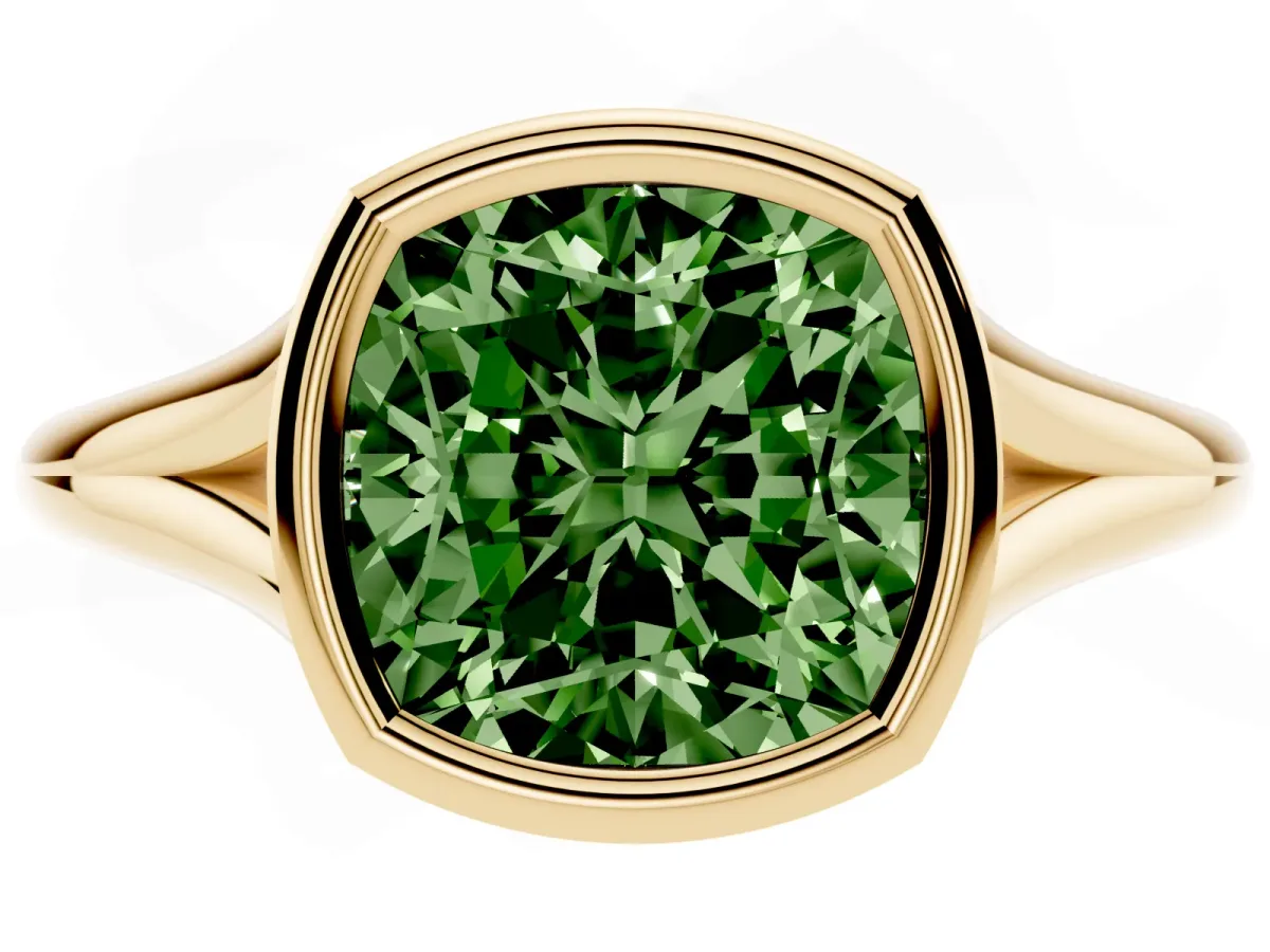 Fancy Green Bezel Set Cushion Cut Cut Solitaire Ring with Tapered Band Yellow gold