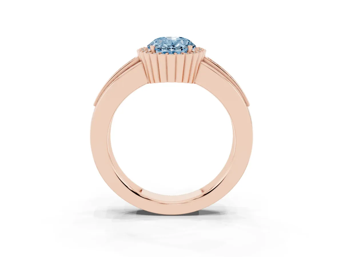 Fancy Blue Oval Cut Cut Halo Pave Band Four-Prong Ring Rose gold