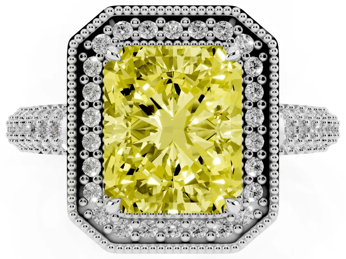 Fancy Yellow Radiant Cut Cut Halo Diamond Pave Band with Four-Prong Setting Silver